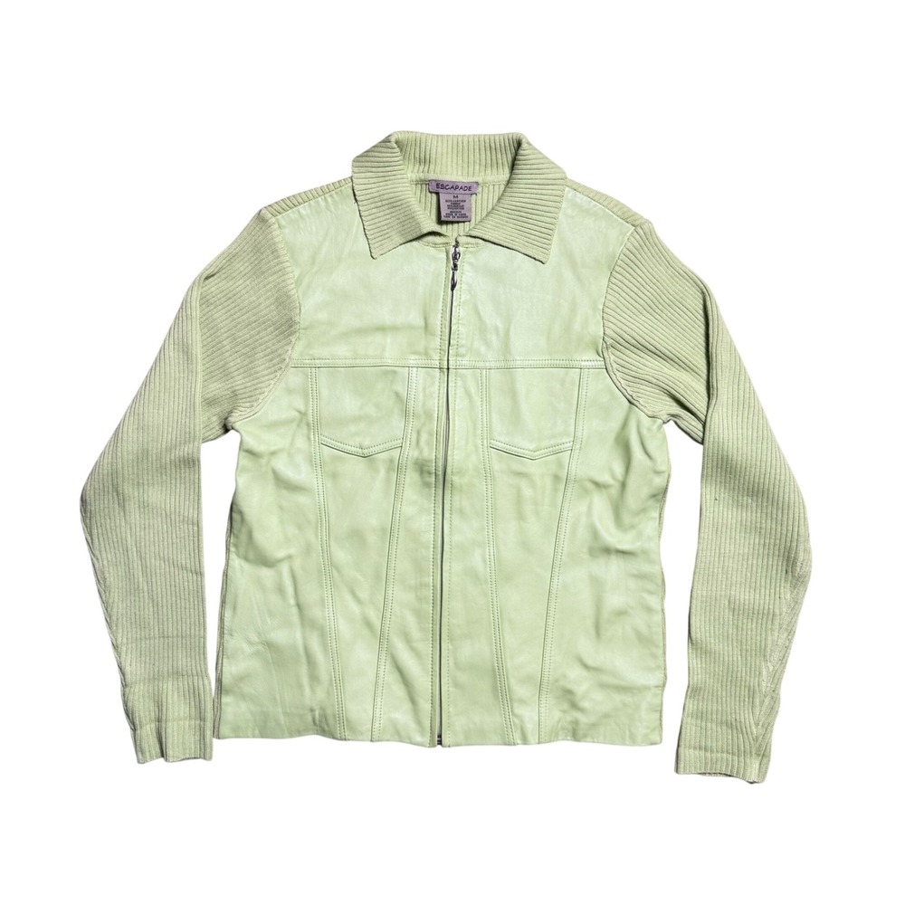 Escapade Womens M Lime Green Leather Ribbed Knit Mixed Media‎ Zip Up Jacket